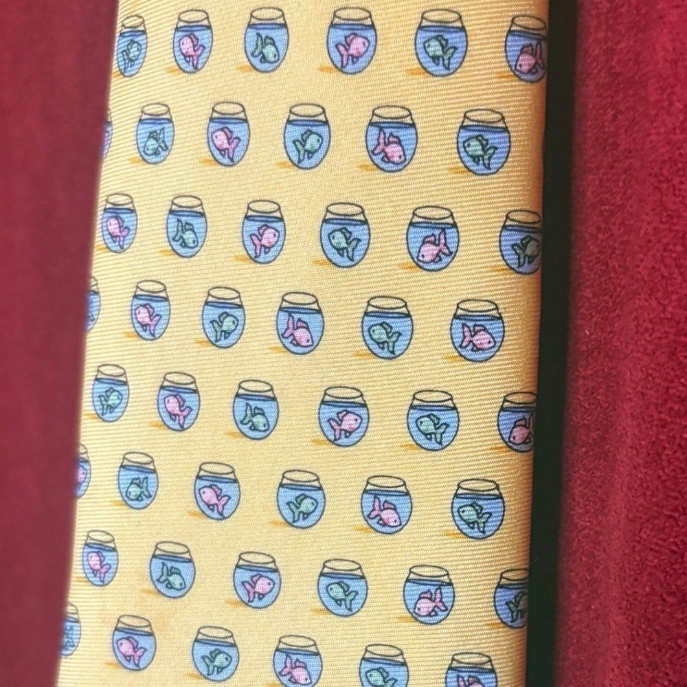 Bird Dog Bay Mens Silk Tie Yellow A Bit Fishy Fishbowl Print Classic Neckwear